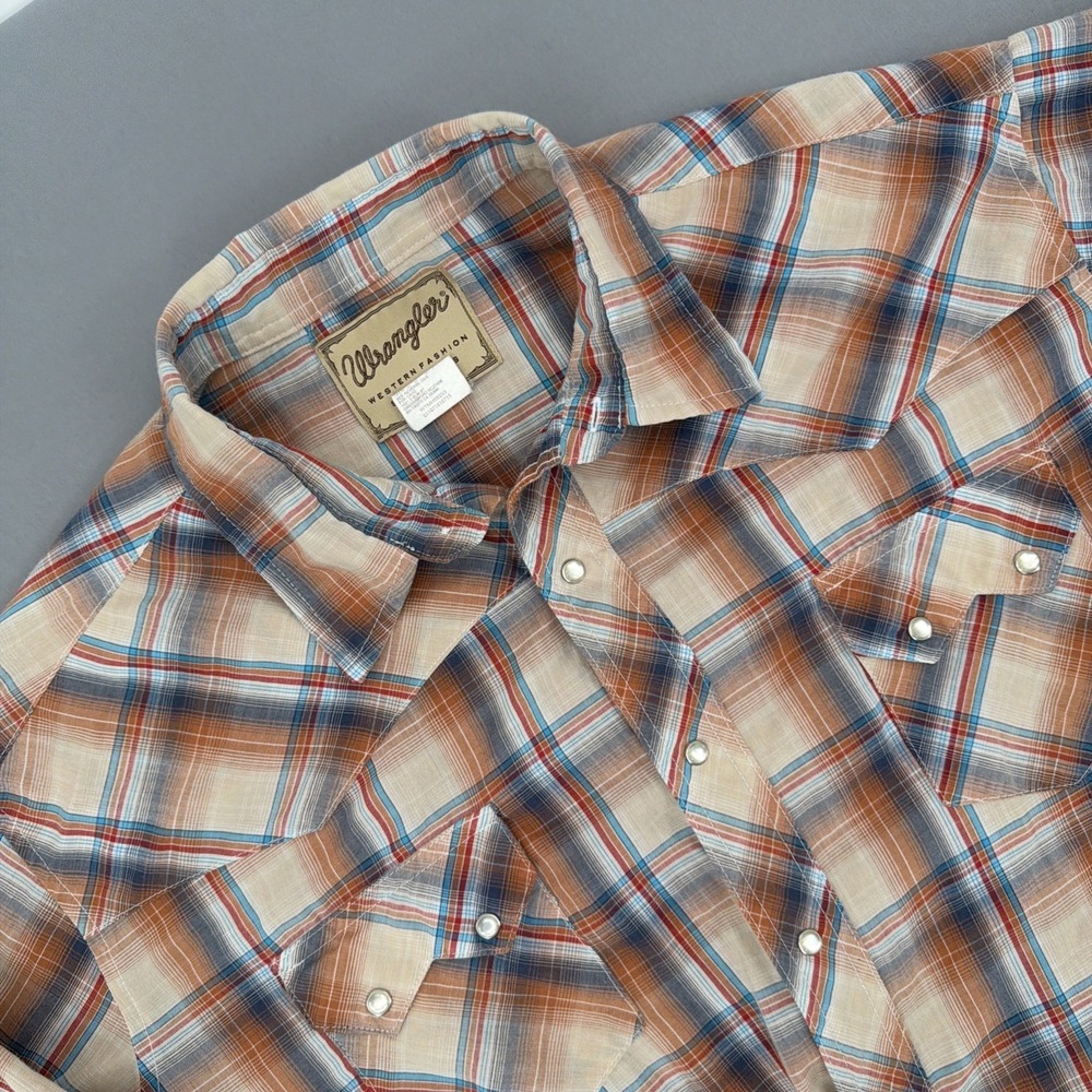 Wrangler Pearl Snap Shirt Men Size 2XL Orange Plaid Long Sleeve Western Rodeo